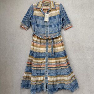 Ash & Eden Shirt Dress Womens Medium Blue Tan Stripe Belted Midi Cotton Collared